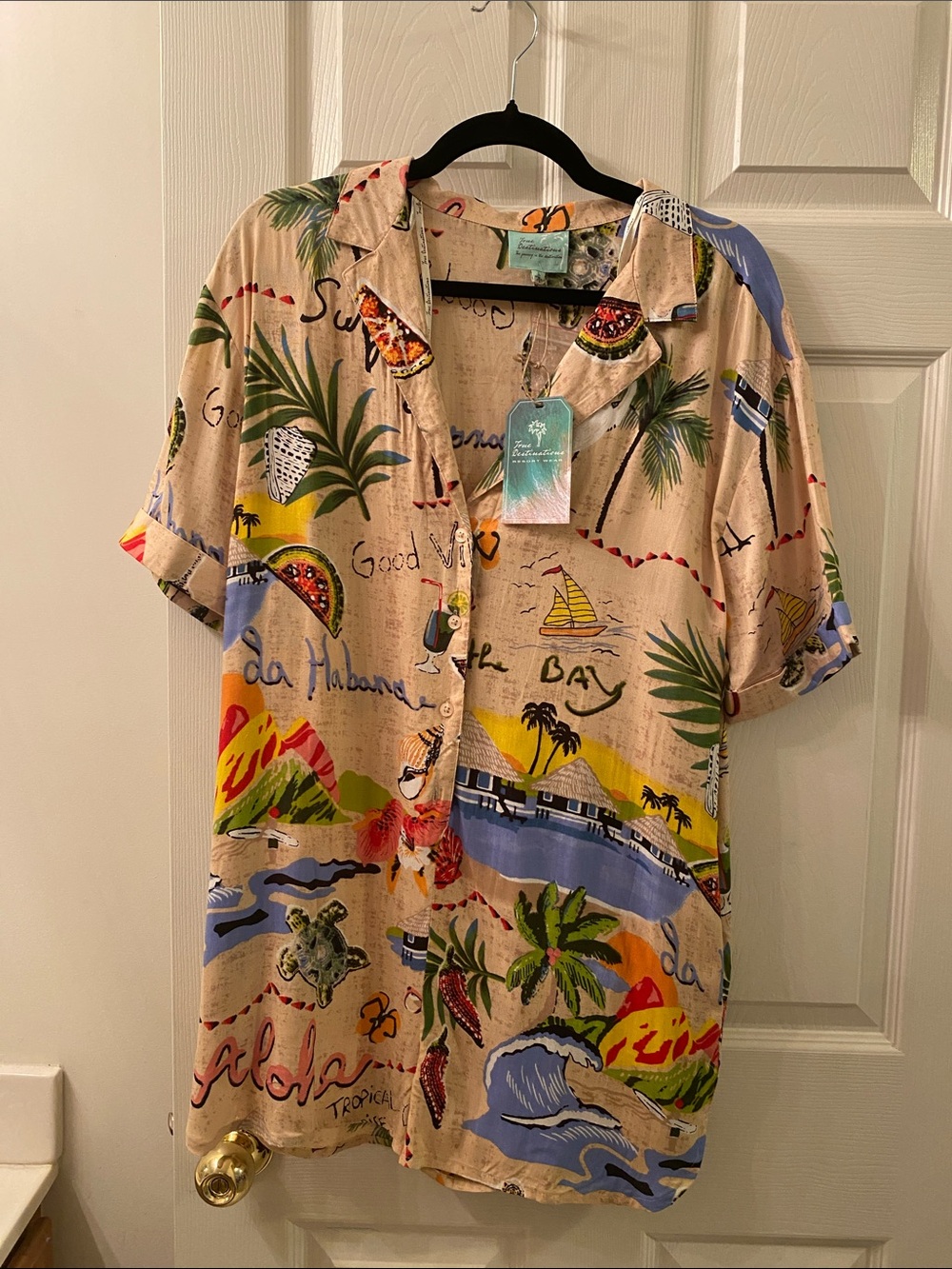 Tropical Print Short-Sleeve Jumpsuit Romper - Beige